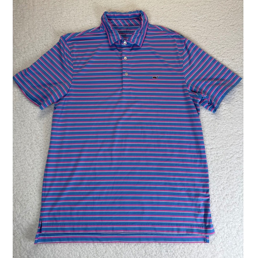 Vineyard Vines Mens Performance Polo Shirt Blue Pink Striped Short Sleeve Size M